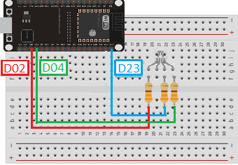 Circuito elétrico para exemplificar a conexão de um LED RGB em uma placa ESP32.