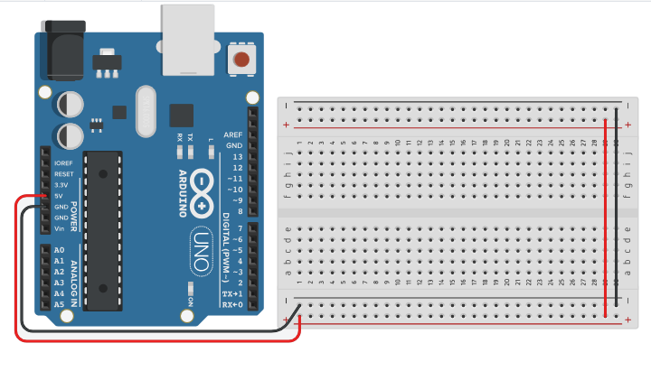 Alimente o Protoboard nos terminais 5V e GND da placa Arduino.