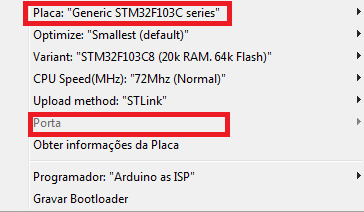Selecione o modelo Generic STM32F103C, e o Método como 