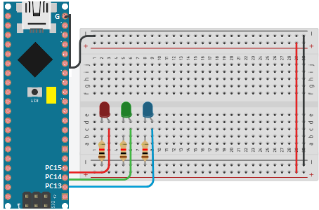 Adicione três LEDs ao circuito, para testar a comunicação entre a placa o computador.