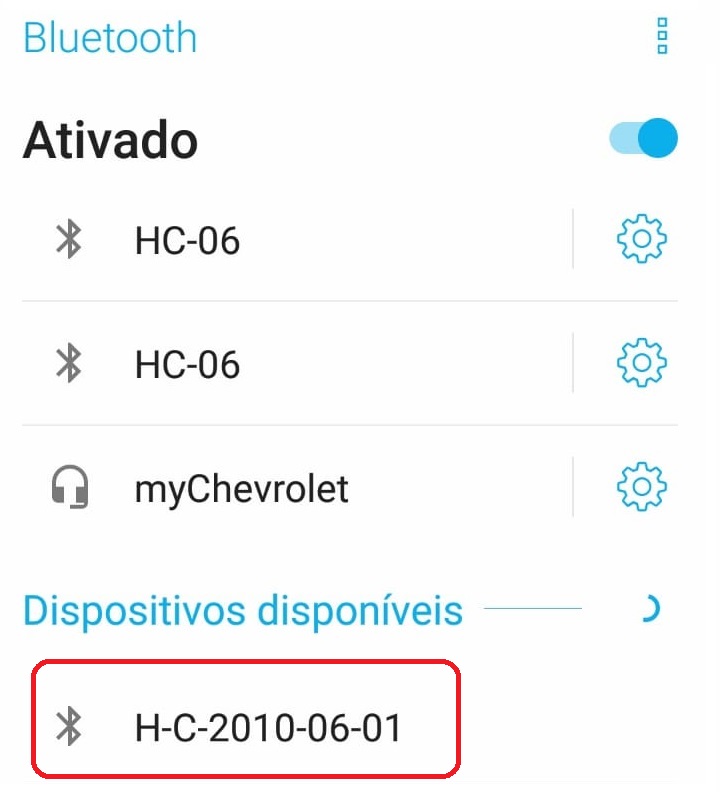 Após ativar o Bluetooth de alguém aparelho, e buscar por componentes próximos, o módulo será apresentado como HC05, ou com algum endereço composto por letras e números. 